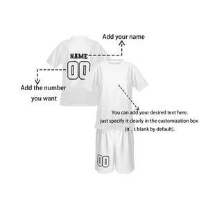 May include: White t-shirt and shorts set with black text and numbers. The t-shirt has "NAME" and "00" on the back. The shorts also have "00". Text on the image says, "Add your name", "Add the number you want", and "You can add your desired text here."