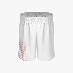 May include: White athletic shorts with a red and orange gradient grid design on the left leg. The shorts have an elastic waistband and a relaxed fit, suitable for sports or casual wear.