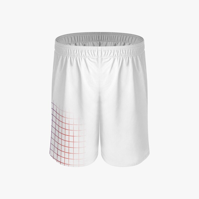 May include: White athletic shorts with a red and orange gradient grid design on the left leg. The shorts have an elastic waistband and a relaxed fit, suitable for sports or casual wear.