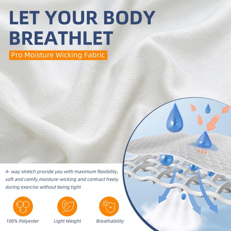 Op de afbeelding: Witte stof met de tekst "LET YOUR BODY BREATHLET" en "Pro Moisture Wicking Fabric". De afbeelding benadrukt de eigenschappen van de stof: 4-weg stretch, vochtafvoerend en ademend. Het is gemaakt van 100% polyester en is licht van gewicht.