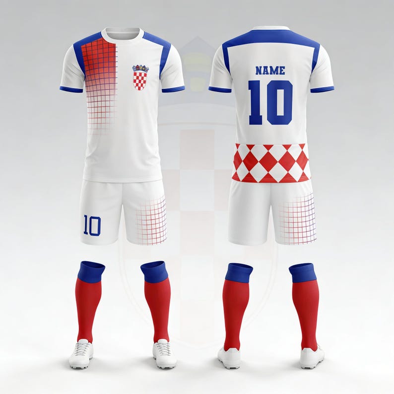 May include: A complete white soccer uniform with blue and red accents. The jersey features a red and white checkered design on the front and a blue collar. The shorts and socks are also included, along with white cleats. The number 10 is on the shorts and jersey.