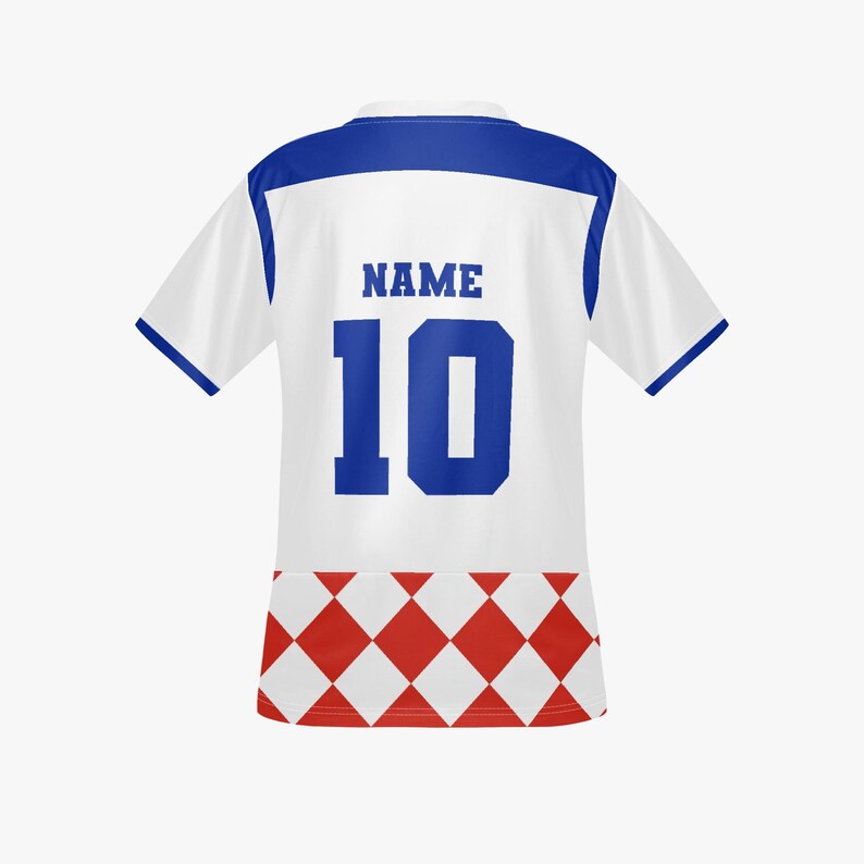 May include: White soccer jersey with blue accents and the number 10. The jersey features a red and white checkered pattern at the bottom. The word "NAME" is printed above the number.