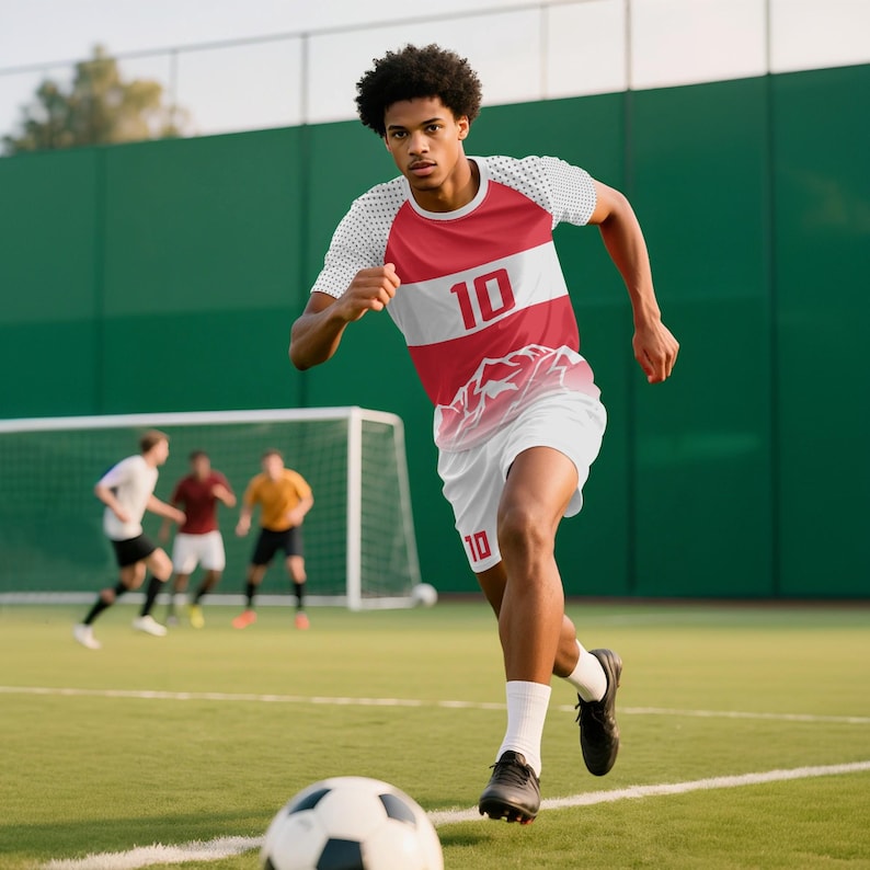 May include: A soccer player in a red and white jersey with the number 10, running on a green field. The jersey has a mountain graphic. The player is wearing white shorts, black shoes, and white socks. A soccer ball is in the foreground.