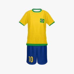 May include: A yellow soccer jersey and blue shorts set. The jersey has green trim on the sleeves and collar, and a Brazilian flag patch on the chest. The shorts have the number 10 in yellow.