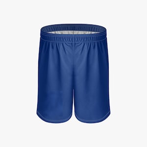 May include: Royal blue athletic shorts with an elastic waistband. The shorts are made of a smooth, lightweight fabric and feature a simple, classic design. Perfect for sports or casual wear.