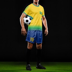 May include: A person wearing a yellow and green soccer jersey and blue shorts, holding a soccer ball. The jersey has the Brazilian flag on the chest. The shorts have the number 10 in yellow. The person is standing on a green surface.