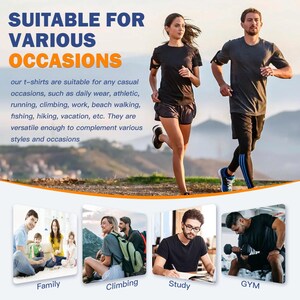 Op de afbeelding: Promotieafbeelding met twee mensen die in zwarte sportkleding rennen. De tekst vermeldt dat de t-shirts geschikt zijn voor diverse gelegenheden. Verdere afbeeldingen tonen familie, klimmen, studeren en gymactiviteiten.