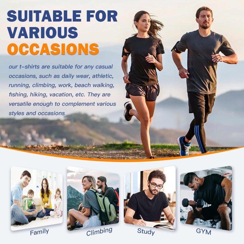 Op de afbeelding: Promotieafbeelding met twee mensen die in zwarte sportkleding rennen. De tekst vermeldt dat de t-shirts geschikt zijn voor diverse gelegenheden. Verdere afbeeldingen tonen familie, klimmen, studeren en gymactiviteiten.