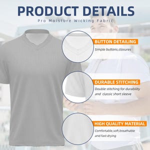 Op de afbeelding: Een lichtgrijs V-hals T-shirt met korte mouwen. De afbeelding toont productdetails: "Pro Moisture Wicking Fabric", "Button Detailing", "Durable Stitching" en "High Quality Material". De stof is ademend, zacht en sneldrogend.