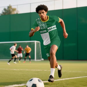 以下が含まれることがあります： サウジアラビアの緑と白のサッカーユニフォームを着たサッカー選手。胸には「SAUDI ARABIA」の文字。ユニフォームは白と緑のデザインで、ショーツには10番。サッカーボールが前景にあります。