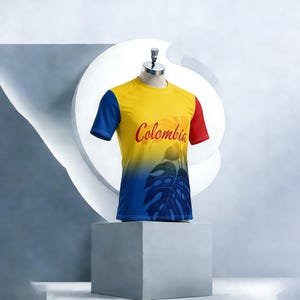 Op de afbeelding: Een t-shirt in de kleuren van de Colombiaanse vlag: geel, blauw en rood. Het woord "Colombia" is in oranje geschreven. Een tropische bladgrafiek is ook zichtbaar. Het t-shirt wordt op een mannequin gepresenteerd.