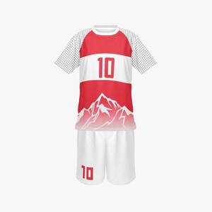 May include: A red and white soccer uniform set. The jersey has a red upper section, a white stripe with the number 10, and a mountain graphic. The sleeves are white with black dots. The shorts are white with the number 10.