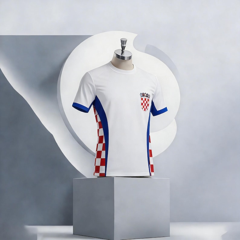 Peut inclure: T-shirt blanc avec des bordures bleues et l'embl&egrave;me des armoiries croates. Le t-shirt pr&eacute;sente un motif &agrave; carreaux rouges et blancs sur les c&ocirc;t&eacute;s. Les manches sont bord&eacute;es de bleu.