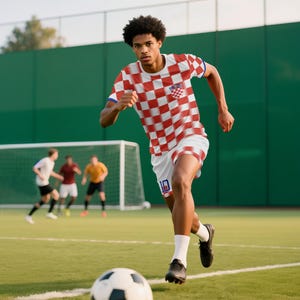 May include: A soccer player in a red and white checkered jersey and shorts, with the number 10 on the shorts, runs on a green field. The jersey features a Croatian emblem. A soccer ball is in the foreground.