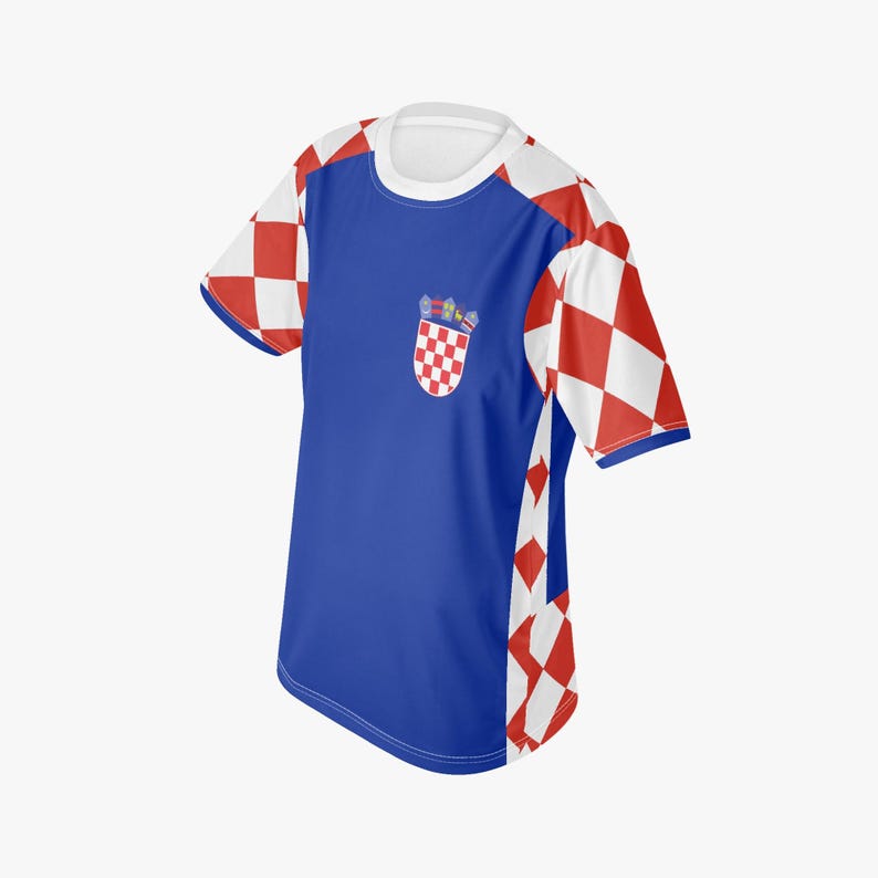 May include: A blue t-shirt with white sleeves featuring a red and white checkerboard pattern. The shirt has a white collar and a small pocket with a Croatian coat of arms. The design is a nod to Croatian national pride.