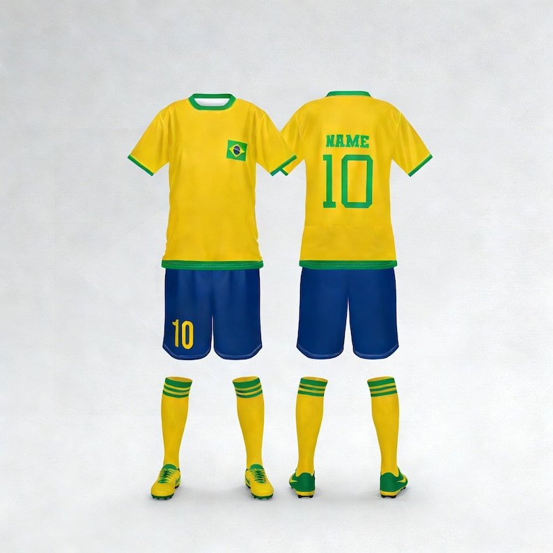 May include: A complete yellow and blue soccer uniform set. The jersey has a green collar and trim, with the number 10 on the back and front. The shorts are blue, and the socks are yellow with green stripes. The Brazilian flag is on the jersey.