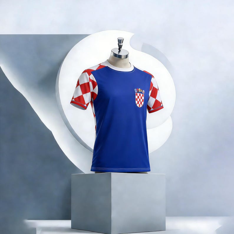 May include: A blue t-shirt with white sleeves featuring a red and white checkerboard pattern. The shirt has a white collar and a Croatian coat of arms emblem on the chest. The shirt is displayed on a mannequin.