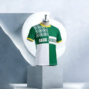 以下が含まれることがあります： 白字で「SAUDI ARABIA」と書かれた、緑、白、黄色のTシャツ。左肩と胸上部に幾何学模様があります。Tシャツはマネキンに展示されています。