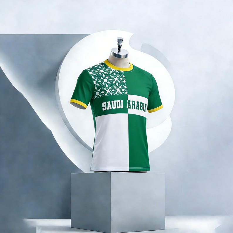 以下が含まれることがあります： 白字で「SAUDI ARABIA」と書かれた、緑、白、黄色のTシャツ。左肩と胸上部に幾何学模様があります。Tシャツはマネキンに展示されています。