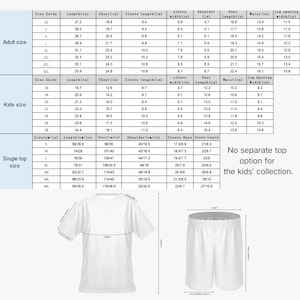 May include: Size charts for adult and kids' clothing, including measurements in inches for length, chest, sleeve, and waist. The image also shows a t-shirt and shorts with measurement labels.