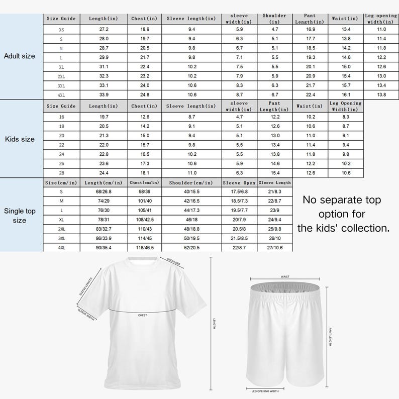 May include: Size charts for adult and kids' clothing, including measurements in inches for length, chest, sleeve, and waist. The image also shows a t-shirt and shorts with measurement labels.
