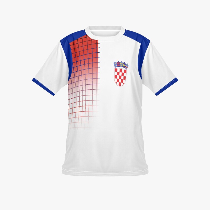 May include: White short-sleeved soccer jersey with blue and red accents. The jersey features a Croatian coat of arms on the chest and a red and blue grid design on the left side. The sleeves and shoulders have blue trim.