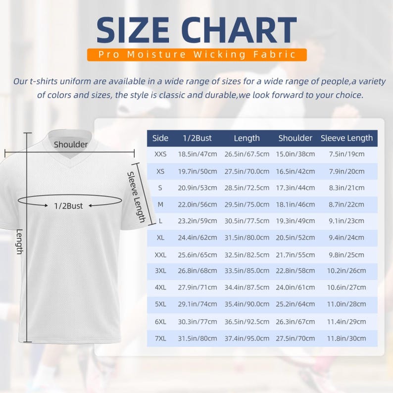 Op de afbeelding: Maattabel voor T-shirts met afmetingen in inches en centimeters. Inclusief borstomvang, lengte, schouder en mouwlengte voor maten XXS tot 7XL. De tekst luidt "Pro Moisture Wicking Fabric."