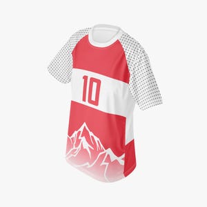 May include: A red and white athletic jersey with the number 10 printed on the front. The jersey features a mountain graphic at the bottom and white sleeves with a dotted pattern.