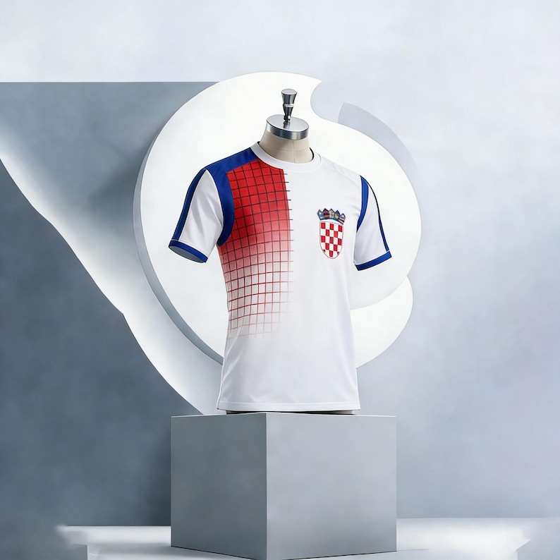 May include: White t-shirt with blue and red accents, displayed on a mannequin. The shirt features a red and white checkered design on the front and a Croatian coat of arms. The sleeves and collar have blue trim.
