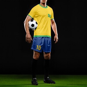 May include: A person wearing a yellow and green soccer jersey with the Brazilian flag on the chest, blue shorts with the number 10, and black soccer cleats, holding a soccer ball. The person is standing on a green surface.