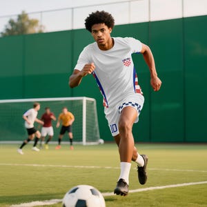 Peut inclure: Un joueur de football en uniforme blanc avec des accents rouges, bleus et &agrave; carreaux, courant sur un terrain vert. L'uniforme porte le num&eacute;ro 10 sur le short et un embl&egrave;me croate. Un ballon de football est au premier plan.