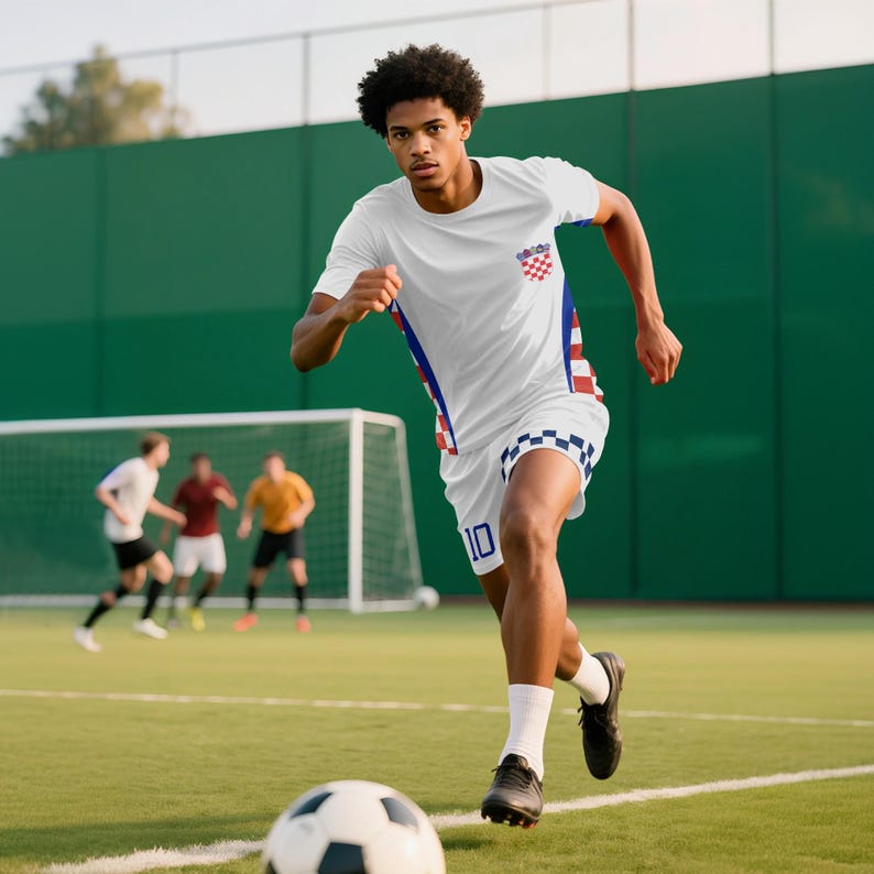 Peut inclure: Un joueur de football en uniforme blanc avec des accents rouges, bleus et &agrave; carreaux, courant sur un terrain vert. L'uniforme porte le num&eacute;ro 10 sur le short et un embl&egrave;me croate. Un ballon de football est au premier plan.