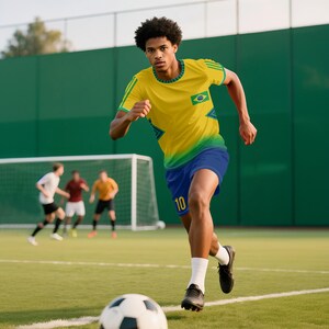 May include: A soccer player in a yellow and blue jersey with the Brazilian flag emblem, blue shorts, and black cleats runs toward the soccer ball on a green field. The jersey has the number 10 on the shorts.
