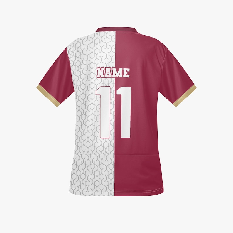 May include: Maroon and white short-sleeved jersey with gold trim. The jersey displays the number 11 in white and the word "NAME" above it. The left side of the jersey has a white pattern, while the right side is solid maroon.