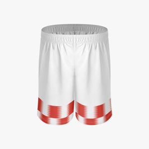 May include: White athletic shorts with a red, blurred stripe design at the bottom. The shorts have a gray elastic waistband. These shorts are suitable for sports and casual wear.