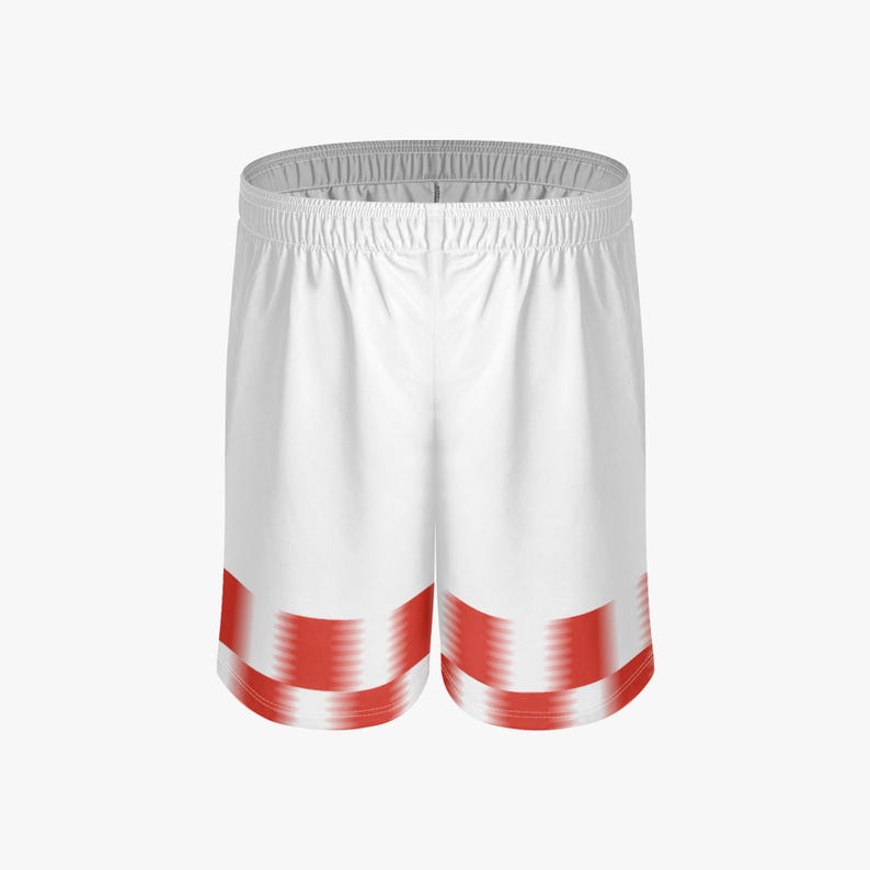 May include: White athletic shorts with a red, blurred stripe design at the bottom. The shorts have a gray elastic waistband. These shorts are suitable for sports and casual wear.