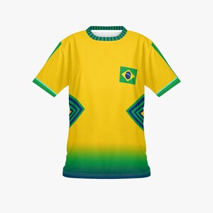 May include: Yellow soccer jersey with green and blue accents. The shirt features the Brazilian flag on the chest and geometric patterns on the sides. The bottom of the shirt fades to green.