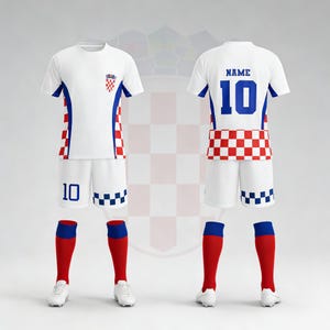 Pu&ograve; includere: Un completo da calcio bianco con dettagli rossi e blu. La maglia presenta lo stemma croato e il numero 10 in blu. Pantaloncini e calzettoni bianchi, con dettagli rossi e blu. Include scarpe da calcio bianche.