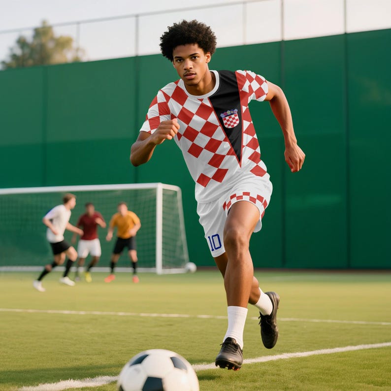 May include: A soccer player in a red and white checkered jersey and shorts, with the number 10 on the shorts, runs on a green field. The jersey has a black panel with a crest. A soccer ball is in the foreground, and other players are in the background.