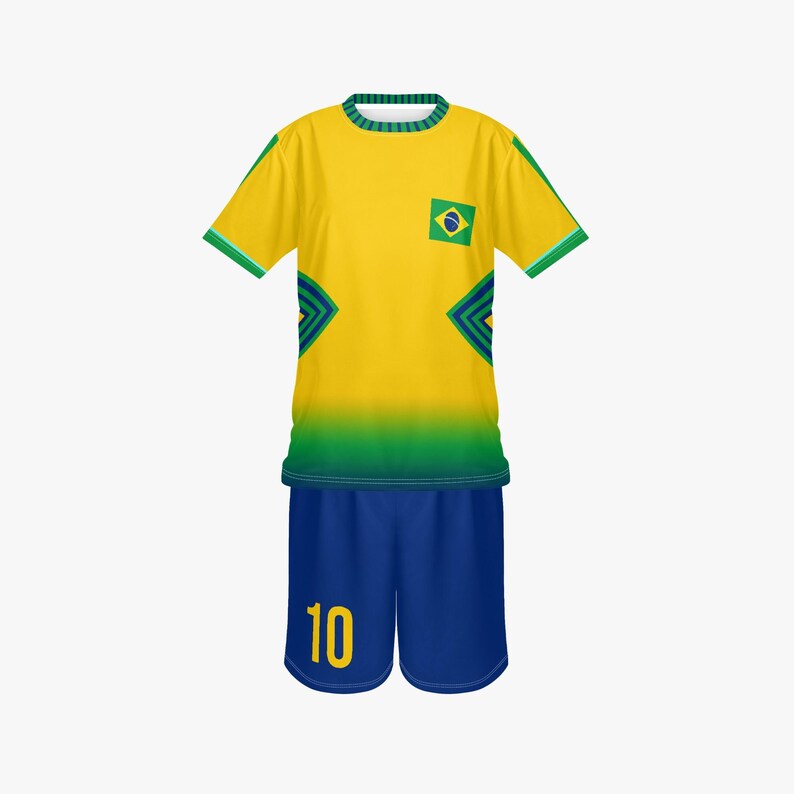 May include: A yellow and blue soccer uniform. The jersey is yellow with green and blue accents, a Brazilian flag patch, and a green and blue gradient at the bottom. The shorts are blue with the number 10 in yellow.