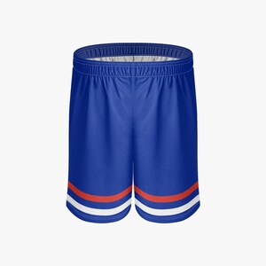 May include: Blue athletic shorts with a white and red stripe design near the hem. The shorts have an elastic waistband and are made of a smooth, likely synthetic material. These shorts are suitable for sports or casual wear.