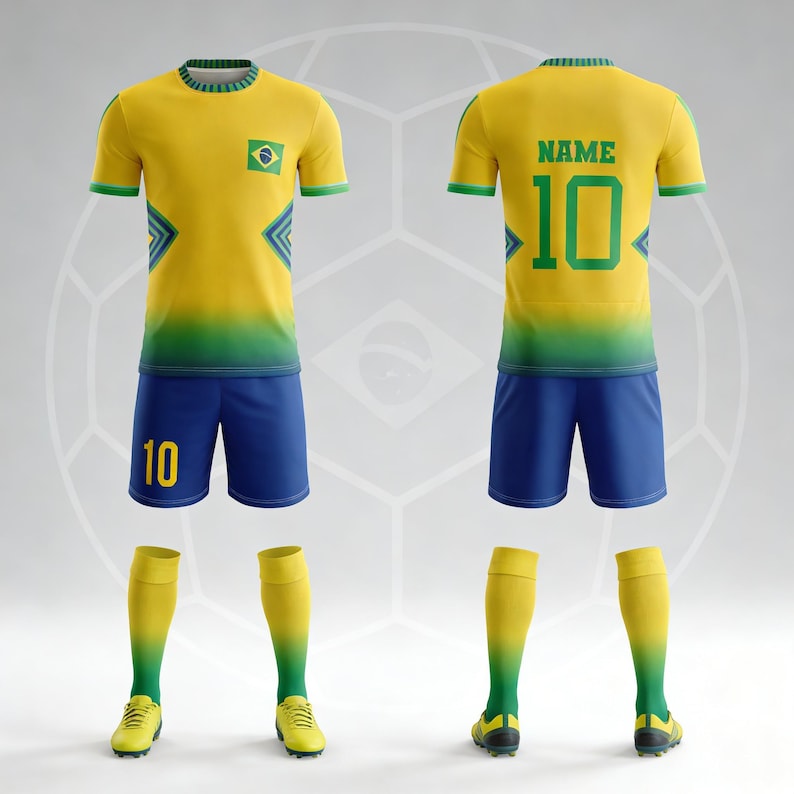 May include: A complete soccer uniform set in yellow, blue, and green, featuring a jersey with the Brazilian flag, the number 10, and the word "NAME". The shorts and socks are blue and yellow, respectively. The shoes are yellow.