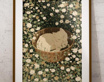 自転車に乗った黒猫のアートプリント：気まぐれな花畑（デジタル