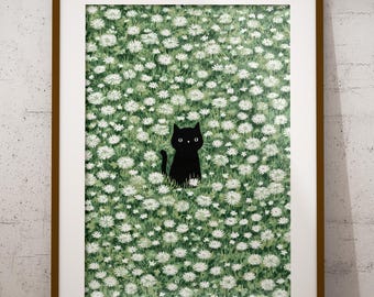 Lámina de campo de margaritas y gato negro: Arte mural floral estilo cottagecore (descarga digital)