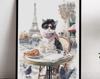 Paris Chic Cat Print: Eiffel Tower Cafe Art (Digital Download)