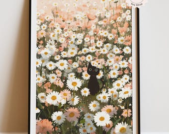 Póster de un gato negro en un campo de margaritas: arte floral caprichoso para pared, impresión acogedora de estilo cottagecore.