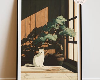 Japandi Cat Wall Art, Zen Cat with Bonsai Poster, Wabi Sabi Japanese Style Print, Minimalist Japandi Decor for Living Room