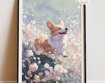 Corgi Floral Art Print, Whimsical Dog, Cottagecore Decor (Digital Download)