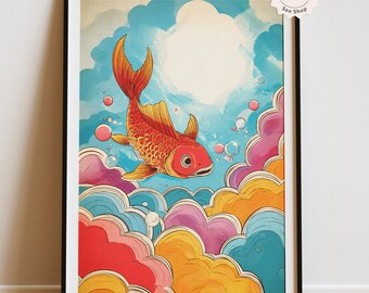 Japanese Goldfish Art Print, Colorful Clouds Decor (Digital Download)