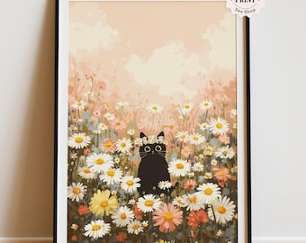 Póster de un gato negro en un prado de margaritas: arte mural floral caprichoso, impresión digital acogedora de estilo cottagecore.